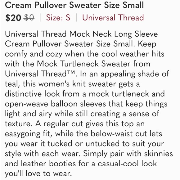 Universal Thread Mock Neck Long Sleeve Cream Pullover Sweater Size Small - Picture 2 of 2